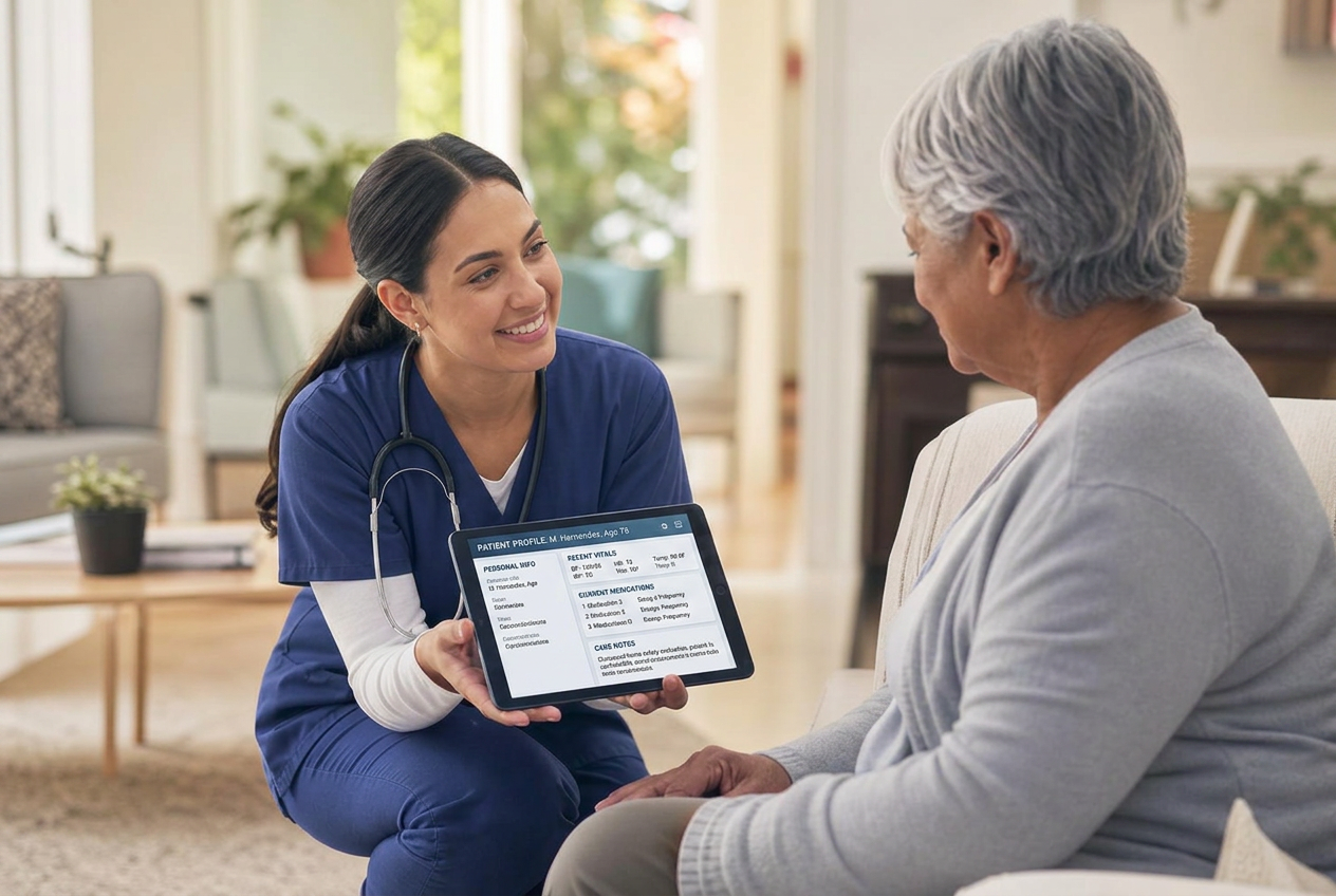 A field sales rep reviewing lead information on a tablet at the door